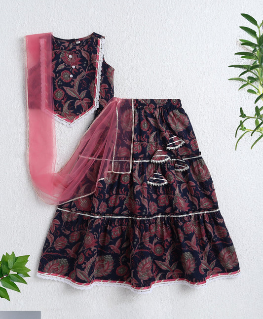 The Magic Wand Cotton Woven Sleveless Floral printed Lace Detailed Choli & Lehenga Set with Dupatta- Navy Blue