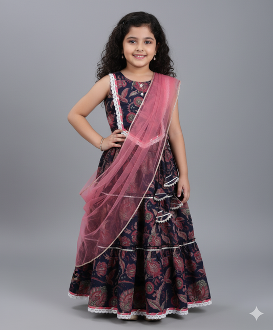 Cotton Woven Sleveless Floral printed Lace Detailed Choli & Lehenga Set with Dupatta- Navy Blue