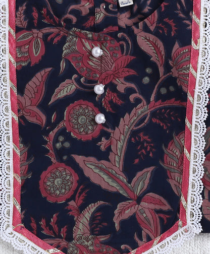 The Magic Wand Cotton Woven Sleveless Floral printed Lace Detailed Choli & Lehenga Set with Dupatta- Navy Blue