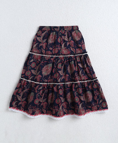 The Magic Wand Cotton Woven Sleveless Floral printed Lace Detailed Choli & Lehenga Set with Dupatta- Navy Blue