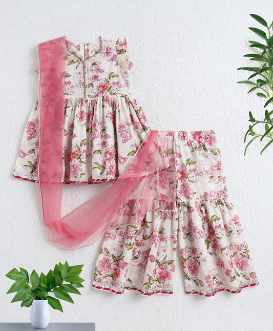 The Magic Wand Cotton Woven Frill Slevees Kurti with Flared Sharara Set- Off White