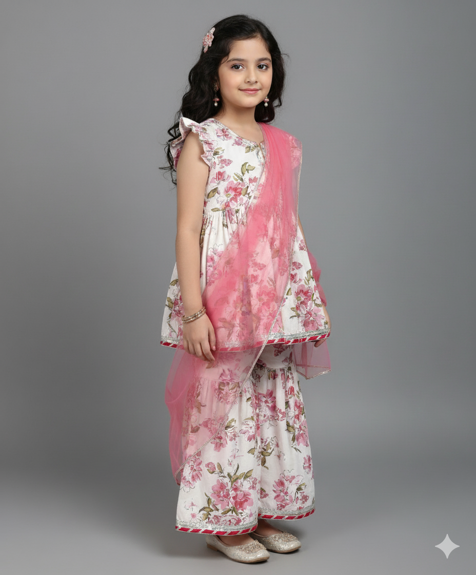 Cotton Woven Frill Slevees Kurti with Flared Sharara Set- Off White