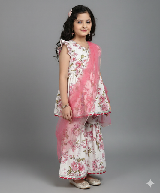 Cotton Woven Frill Slevees Kurti with Flared Sharara Set- Off White