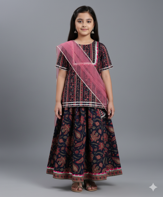 Cotton Woven Elbow Sleeves Floral printed Lace Detailed Kurti & Lehenga Set with Dupatta- Navy Blue