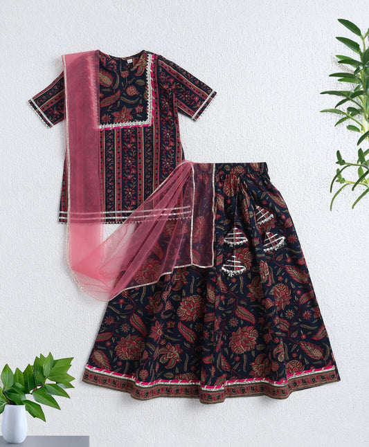 The Magic Wand Cotton Woven Elbow Sleeves Floral printed Lace Detailed Kurti & Lehenga Set with Dupatta- Navy Blue