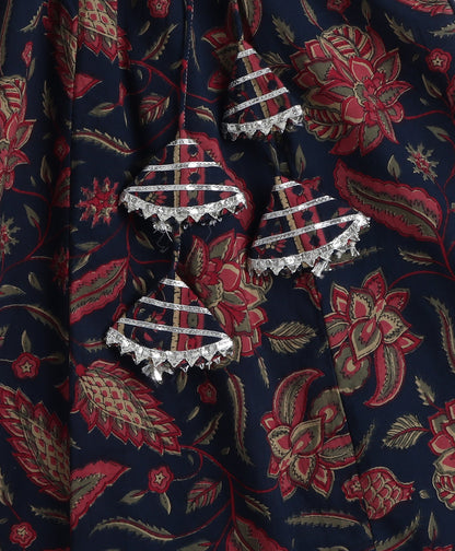 The Magic Wand Cotton Woven Elbow Sleeves Floral printed Lace Detailed Kurti & Lehenga Set with Dupatta- Navy Blue