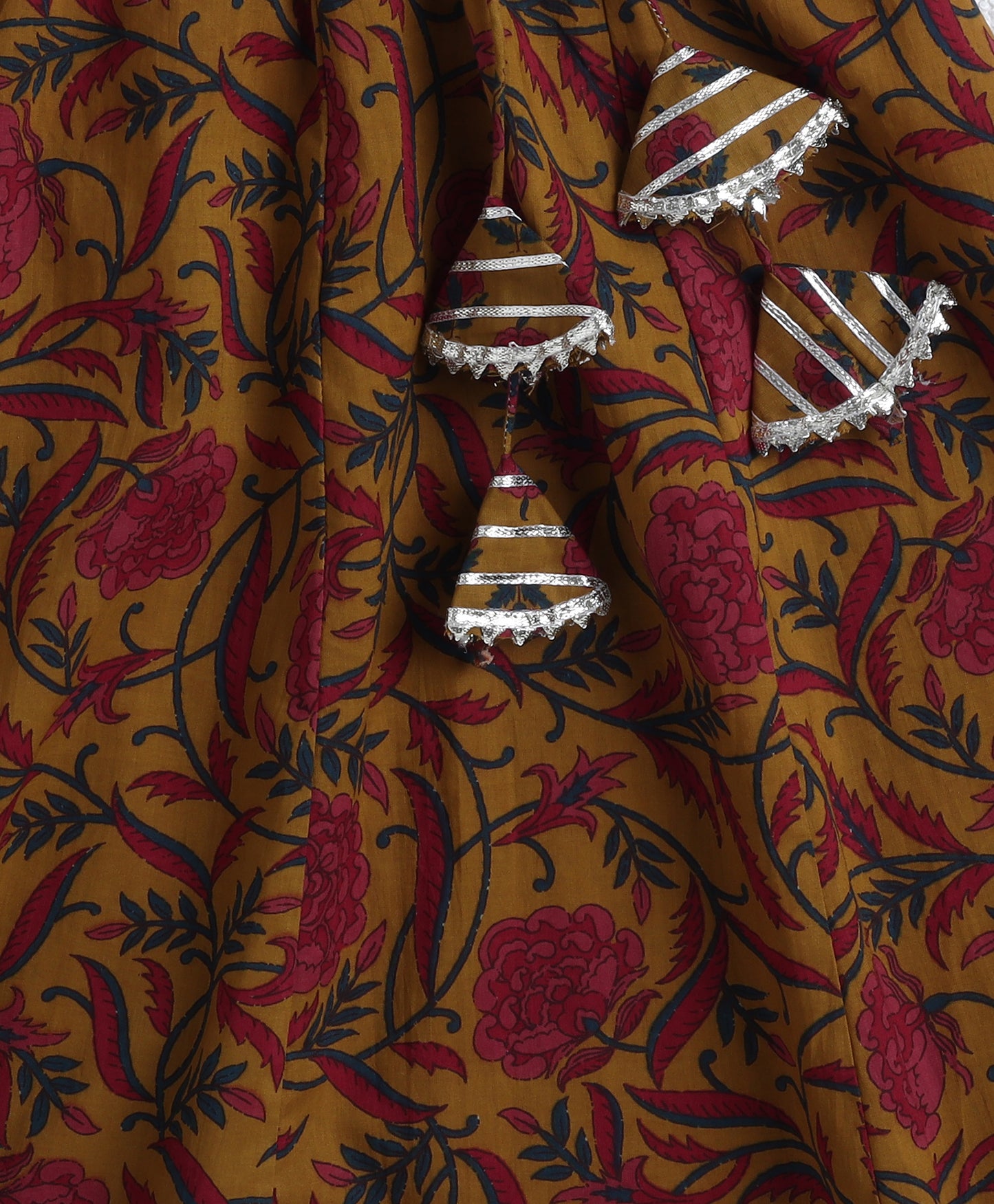 The Magic Wand Cotton Woven Floral printed Lace Detailed Kurti Lehenga Set with Dupatta- Mustard