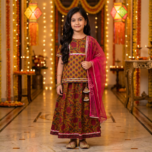 The Magic Wand Cotton Woven Floral printed Lace Detailed Kurti Lehenga Set with Dupatta- Mustard
