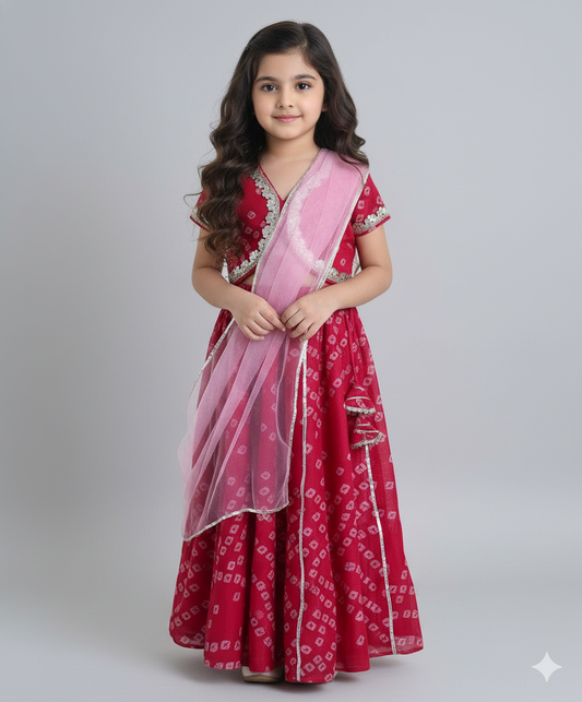 Woven Half Sleeves Bandhani Printed Choli & Lehenga Set with Dupatta- Fuchsia
