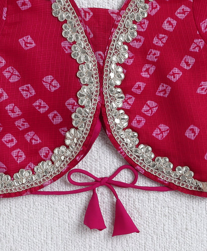 The Magic Wand Woven Half Sleeves Bandhani Printed Choli & Lehenga Set with Dupatta- Fuchsia
