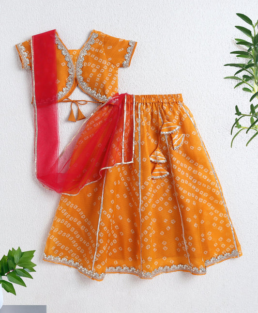 The Magic Wand Woven Half Sleeves Bandhani Printed Choli & Lehenga Set with Dupatta- Mustard