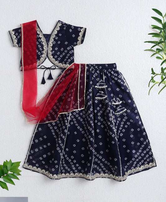 The Magic Wand Woven Half Sleeves Bandhani Printed Choli & Lehenga Set with Dupatta- Navy Blue