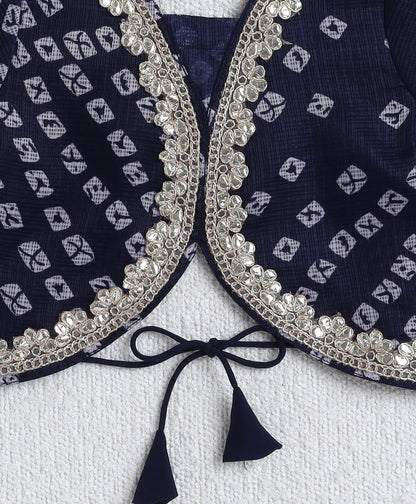 The Magic Wand Woven Half Sleeves Bandhani Printed Choli & Lehenga Set with Dupatta- Navy Blue
