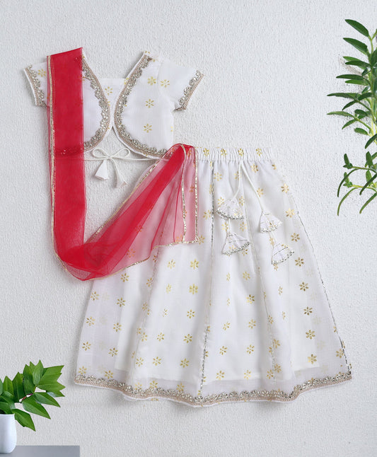 The Magic Wand Woven Half Sleeves Bandhani Printed Choli & Lehenga Set with Dupatta- White