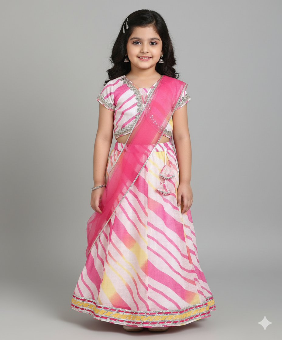 Woven Half Sleeves Leheriya Printed Choli & Lehenga Set with Dupatta- Pink