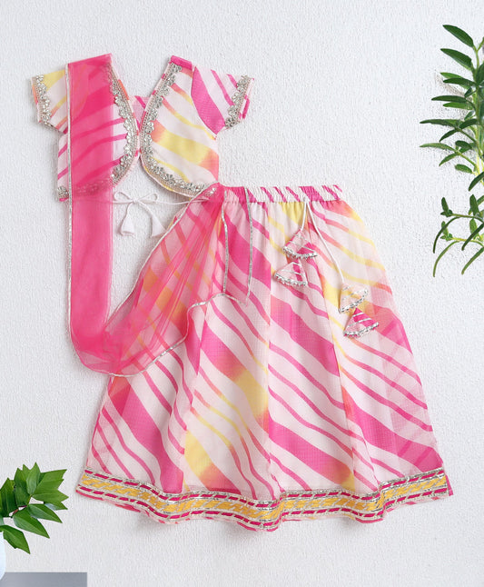 The Magic Wand Woven Half Sleeves Leheriya Printed Choli & Lehenga Set with Dupatta- Pink