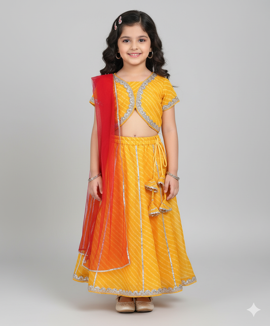 Woven Half Sleeves Leheriya Printed Choli & Lehenga Set with Dupatta- Yellow