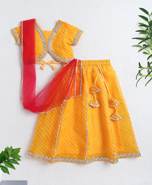 The Magic Wand Woven Half Sleeves Leheriya Printed Choli & Lehenga Set with Dupatta- Yellow