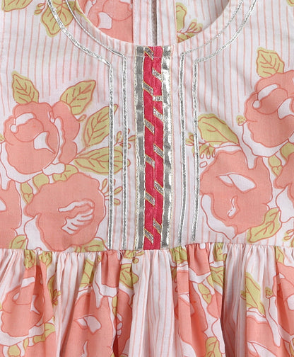 Cotton Woven Sleevesless Floral Printed Kurti and Balloon Pant Set- Peach