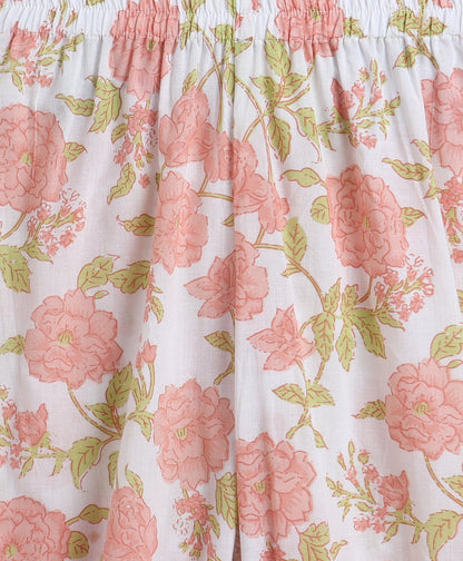 Cotton Woven Sleevesless Floral Printed Kurti and Balloon Pant Set- Peach