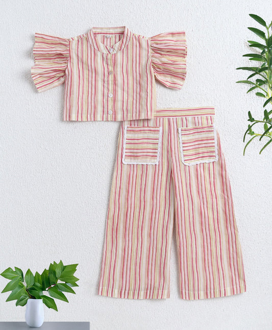Cotton Woven Frill Sleeves Stripe Printed Top with Patch Pocket Pant Set- Peach