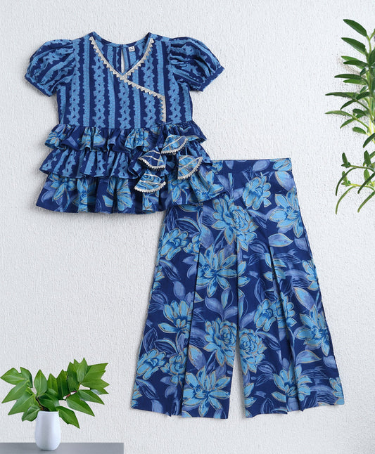 Cotton Woven Puff Sleeves Floral Printed Top with Pant- Blue