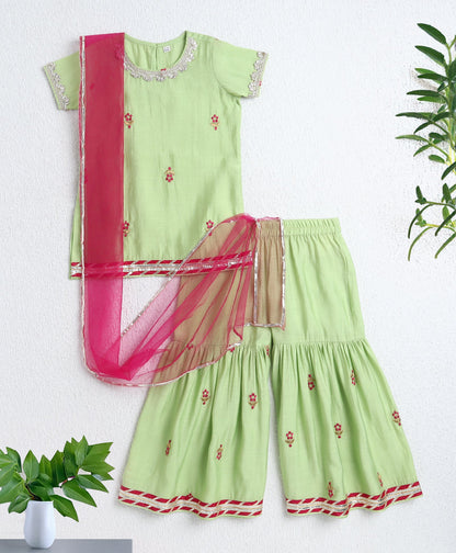 Woven Half Sleeves Floral Print with Resham Embroidery Kurti and Sharara Set with Dupatta- Green