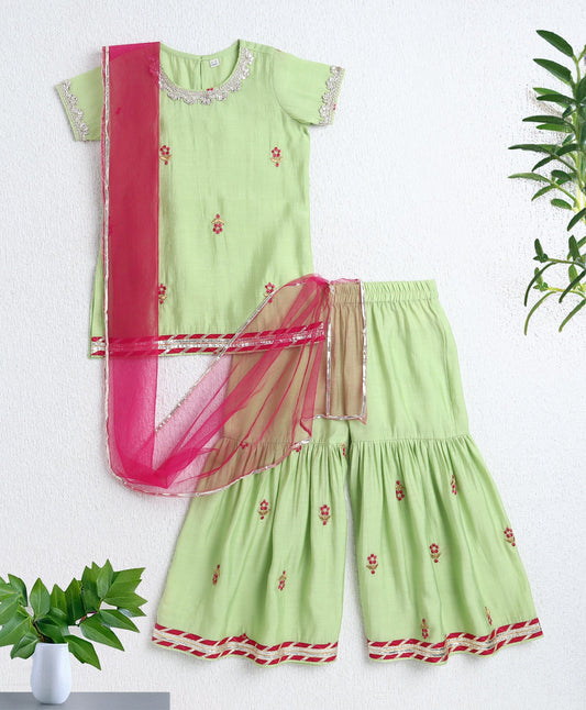 Woven Half Sleeves Floral Print with Resham Embroidery Kurti and Sharara Set with Dupatta- Green