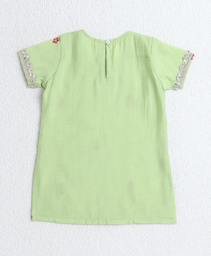 Woven Half Sleeves Floral Print with Resham Embroidery Kurti and Sharara Set with Dupatta- Green