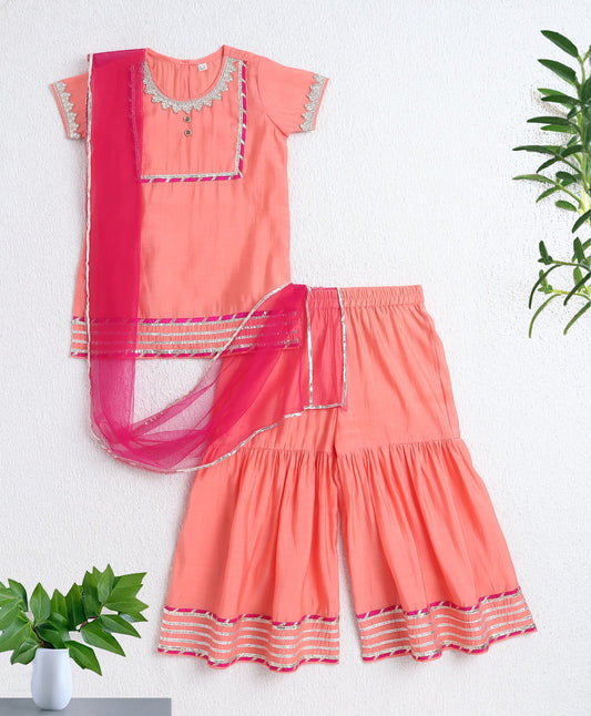 Woven Half Sleeves Floral Print with Lace Detailed Kurti and Sharara Set with Dupatta- Peach