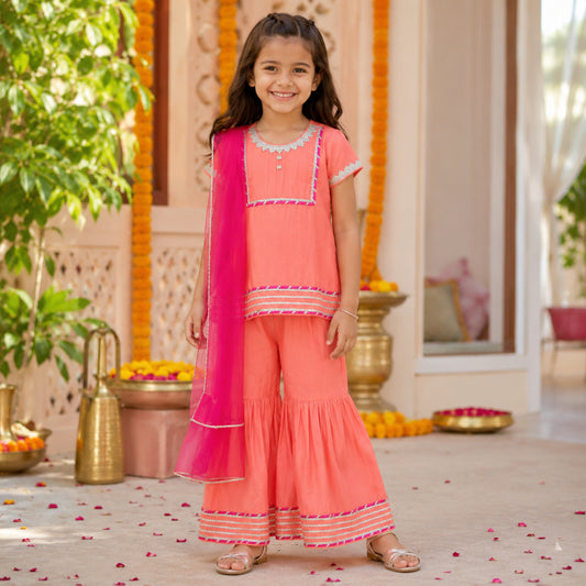 Woven Half Sleeves Floral Print with Lace Detailed Kurti and Sharara Set with Dupatta- Peach
