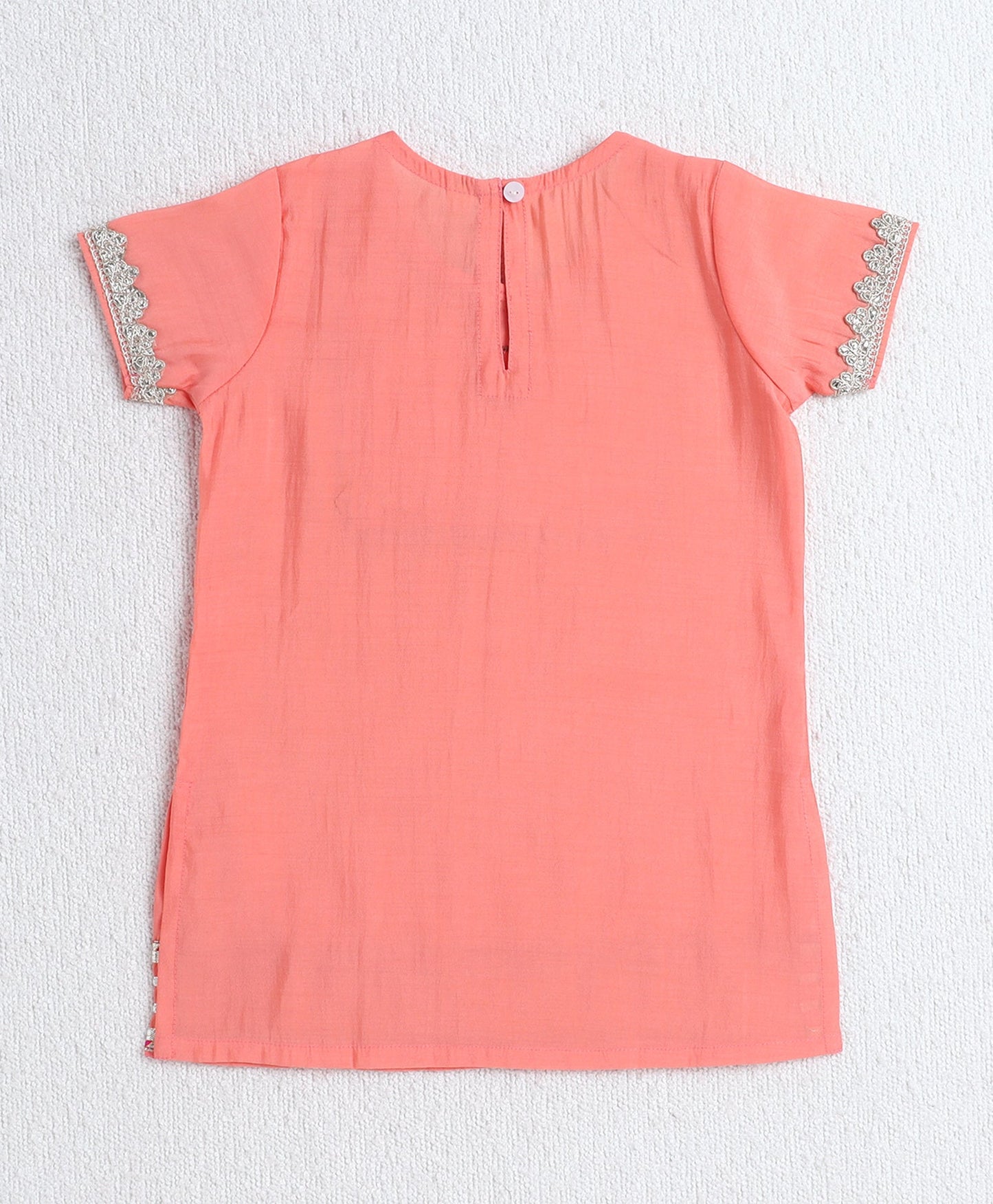 Woven Half Sleeves Floral Print with Lace Detailed Kurti and Sharara Set with Dupatta- Peach