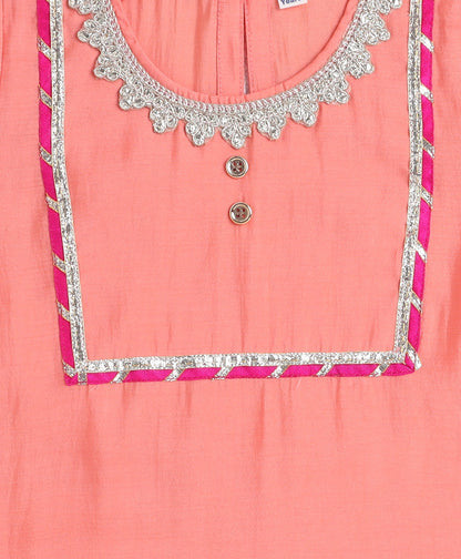 Woven Half Sleeves Floral Print with Lace Detailed Kurti and Sharara Set with Dupatta- Peach