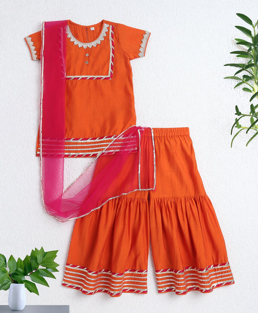 Woven Half Sleeves Floral Print with Lace Detailed Kurti and Sharara Set with Dupatta- Orange