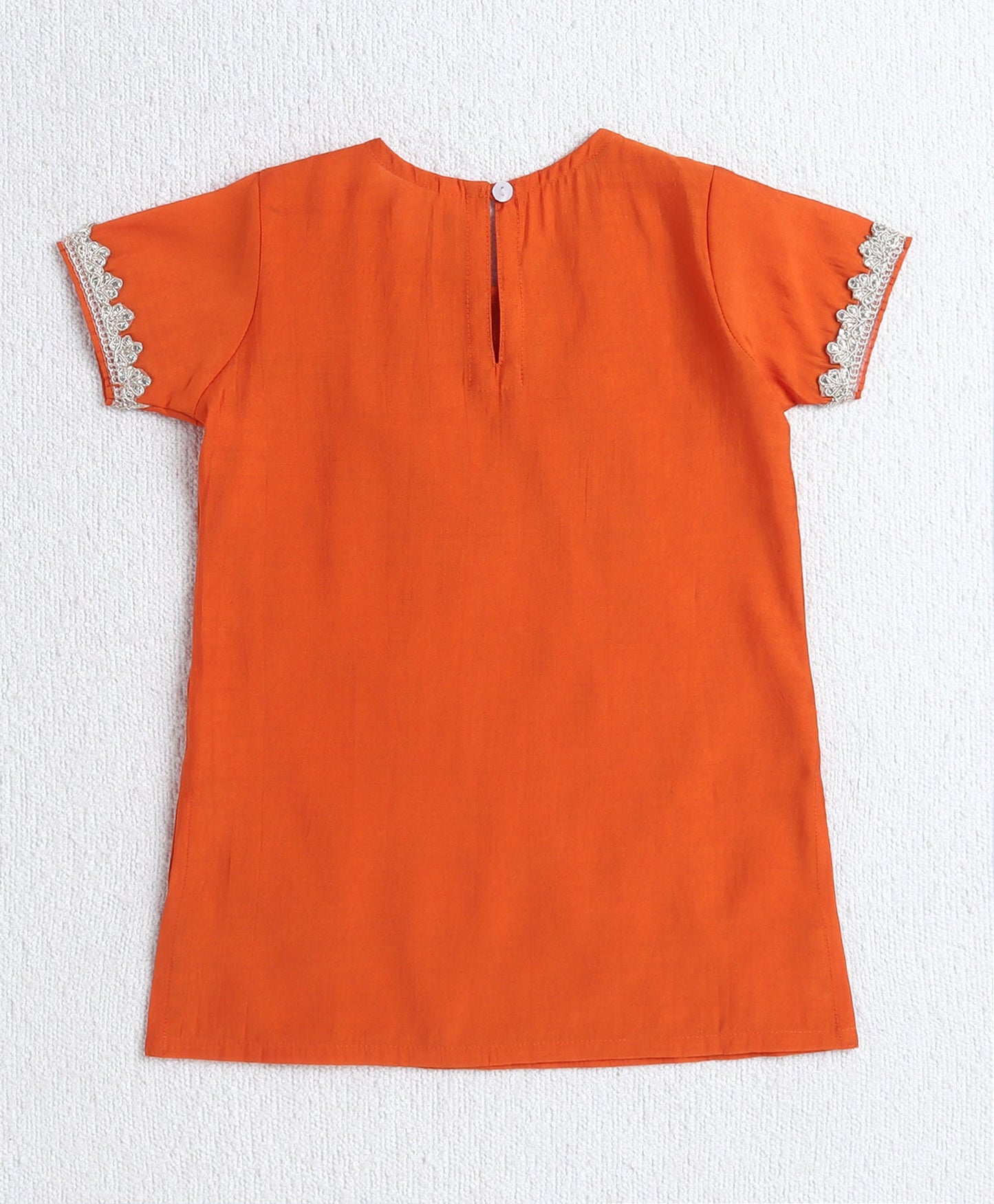 Woven Half Sleeves Floral Print with Lace Detailed Kurti and Sharara Set with Dupatta- Orange