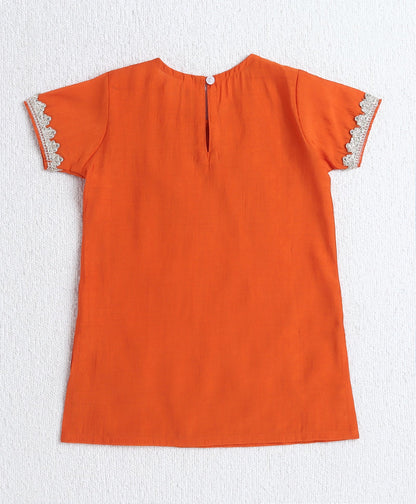 Woven Half Sleeves Floral Print with Lace Detailed Kurti and Sharara Set with Dupatta- Orange
