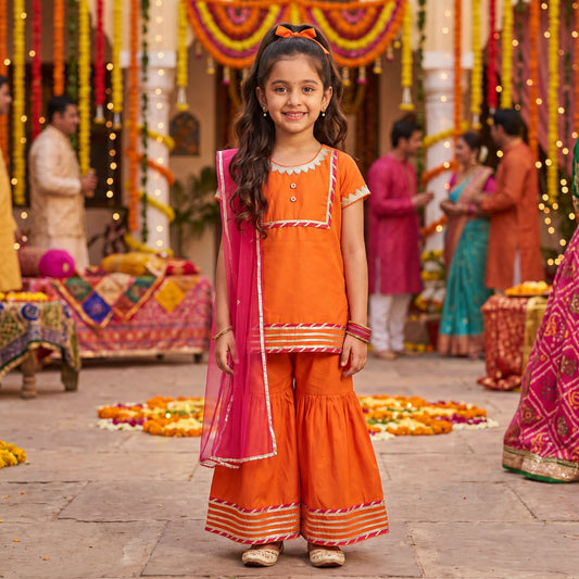 Woven Half Sleeves Floral Print with Lace Detailed Kurti and Sharara Set with Dupatta- Orange