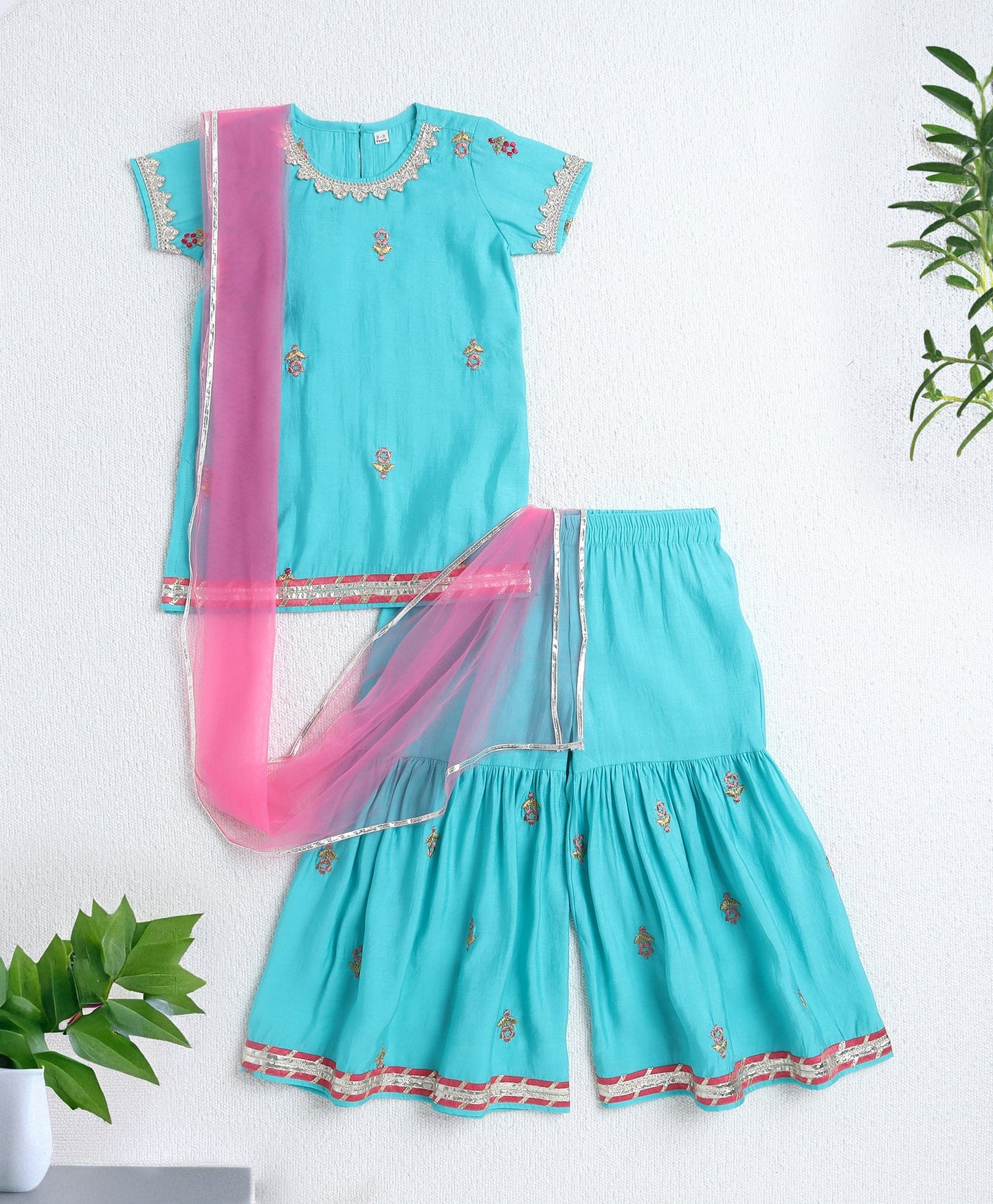 Woven Half Sleeves Floral Print with Resham Embroidery Kurti and Sharara Set with Dupatta- Aqua Blue