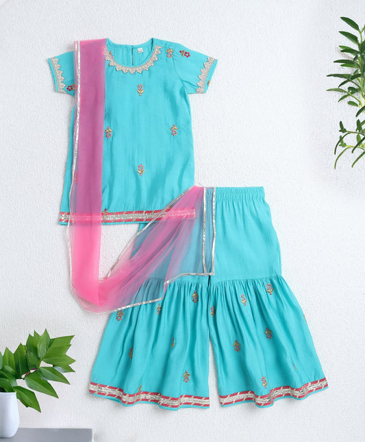 Woven Half Sleeves Floral Print with Resham Embroidery Kurti and Sharara Set with Dupatta- Aqua Blue