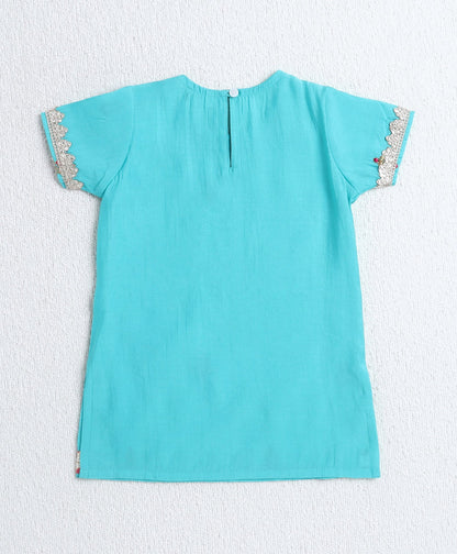 Woven Half Sleeves Floral Print with Resham Embroidery Kurti and Sharara Set with Dupatta- Aqua Blue