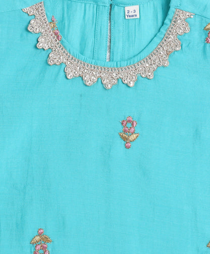 Woven Half Sleeves Floral Print with Resham Embroidery Kurti and Sharara Set with Dupatta- Aqua Blue