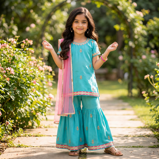 Woven Half Sleeves Floral Print with Resham Embroidery Kurti and Sharara Set with Dupatta- Aqua Blue
