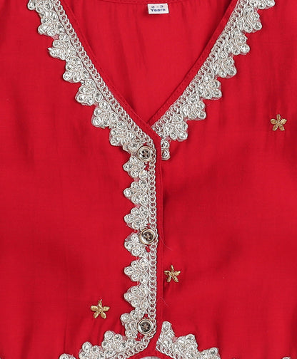 Woven Sleeveless Zari Embroidery Choli and Lehenga Set- Red