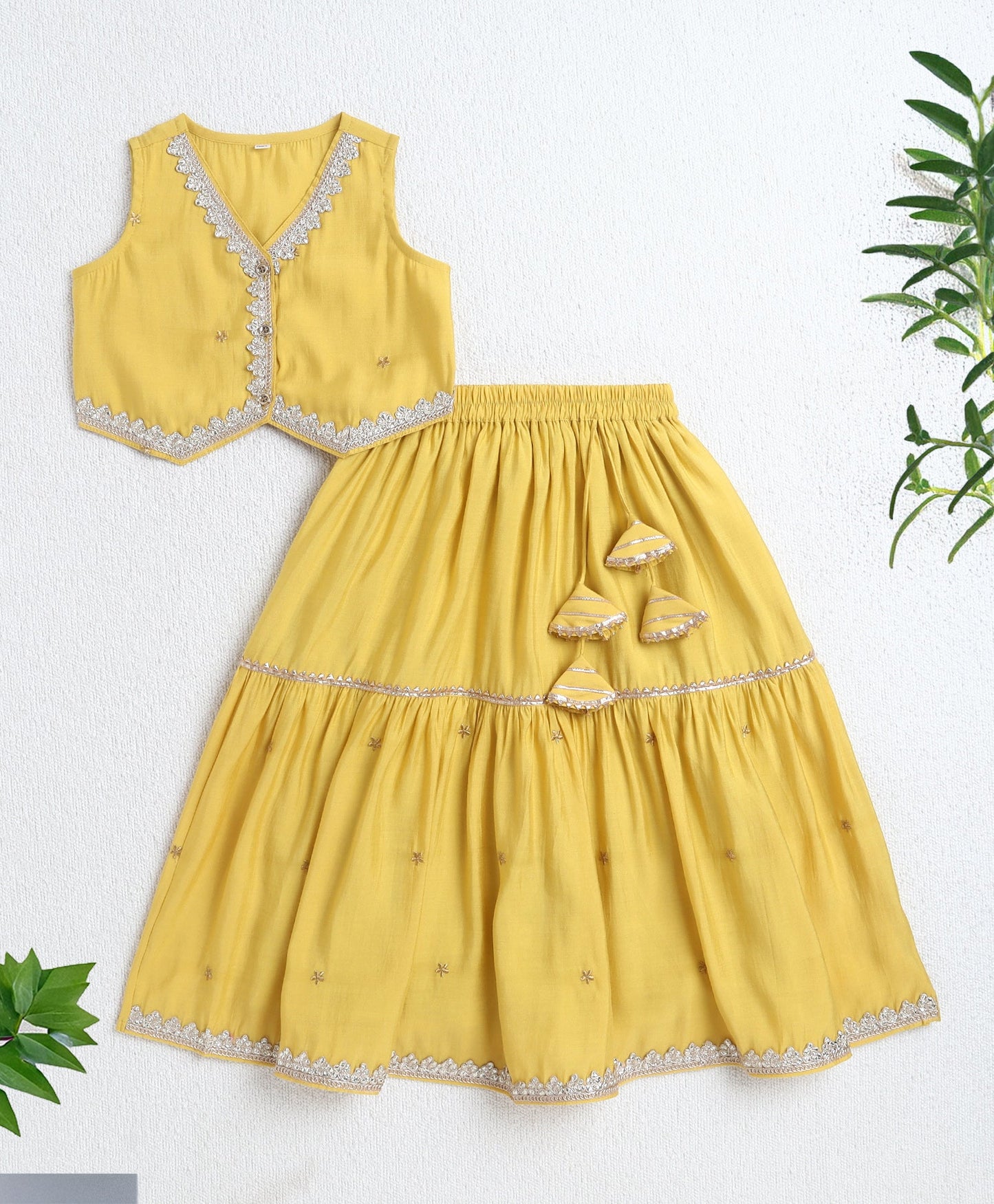 Woven Sleeveless Zari Embroidery Choli and Lehenga Set- Mustard