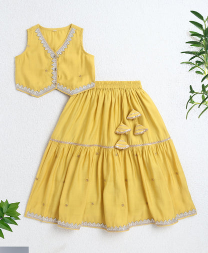 Woven Sleeveless Zari Embroidery Choli and Lehenga Set- Mustard