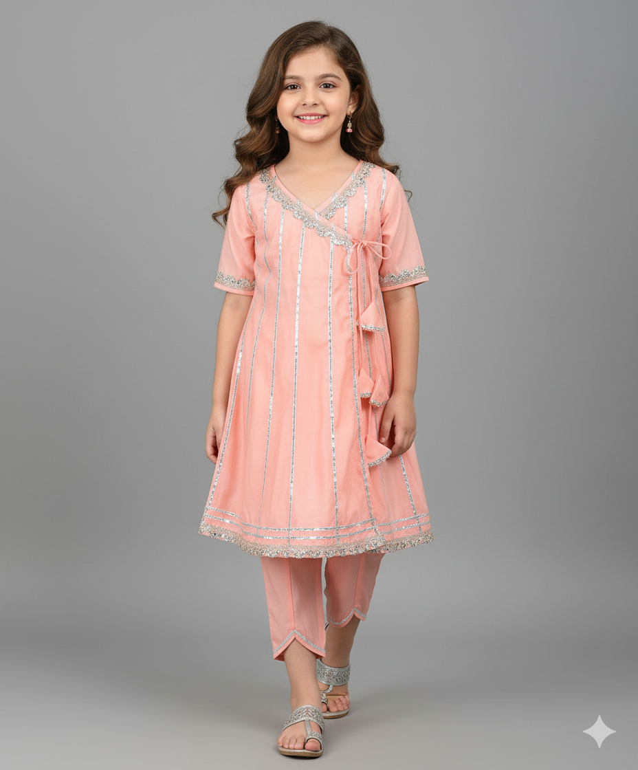 The Magic Wand Woven Three Fourth Sleeves Angrakha Style Kurta and Bottom- Peach