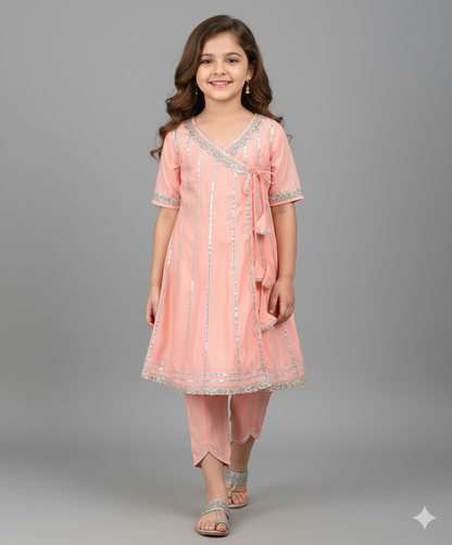 The Magic Wand Woven Three Fourth Sleeves Angrakha Style Kurta and Bottom- Peach
