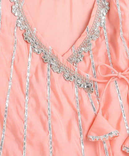 The Magic Wand Woven Three Fourth Sleeves Angrakha Style Kurta and Bottom- Peach
