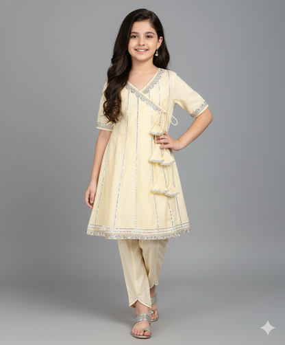 The Magic Wand Woven Three Fourth Sleeves Angrakha Style Kurta and Bottom- Yellow