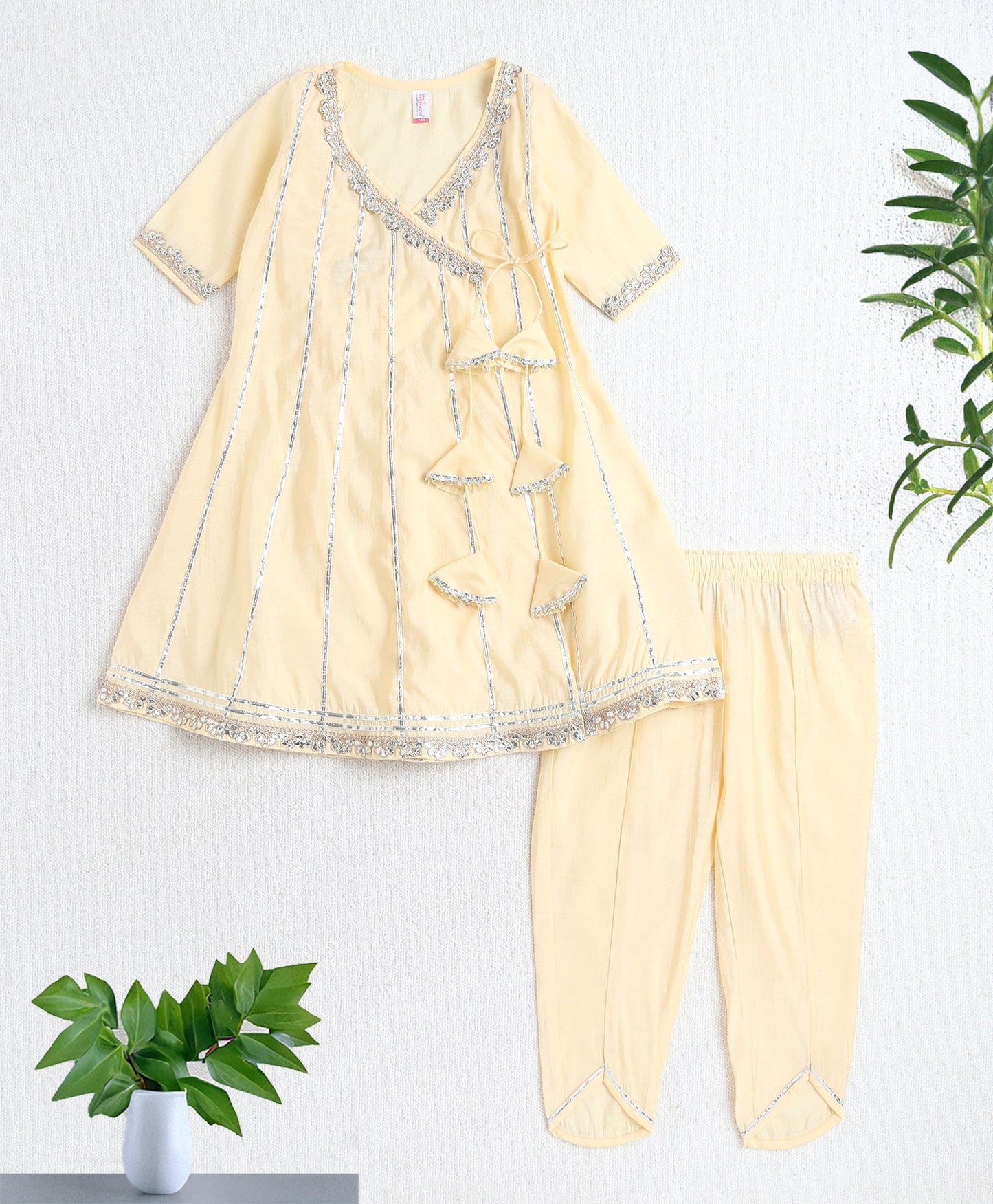 The Magic Wand Woven Three Fourth Sleeves Angrakha Style Kurta and Bottom- Yellow